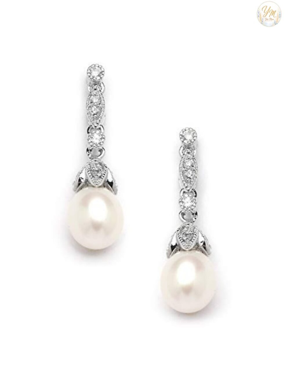 8mm Cultured Freshwater Pearl Drop Earrings Cubic Zirconia Bridal Jewelry